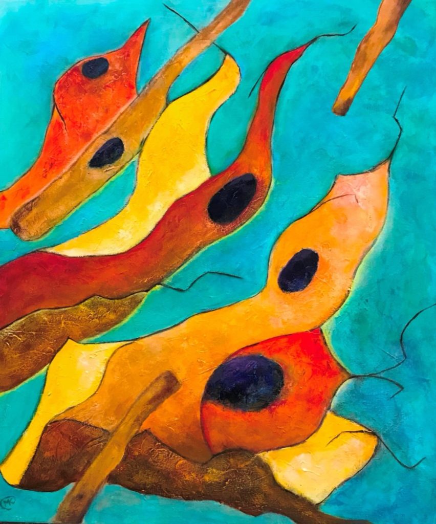 Schilderij Vogels en vissen van Marianne Koomen: oranje, gele en rode vogel- en visvormen op een turquoise doek van 50 bij 60 centimeter